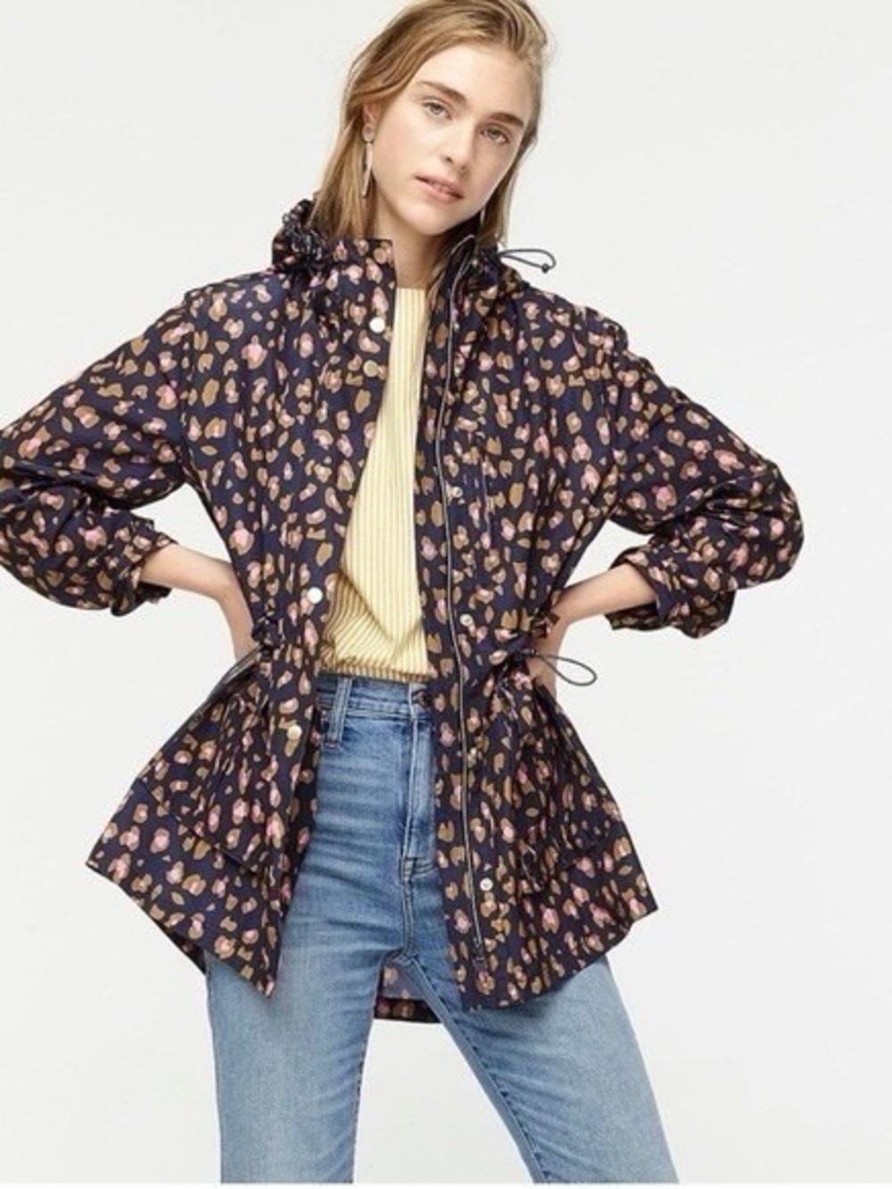 J. Crew Navy Floral-Print Utility Jacket with Pink and Tan Accents